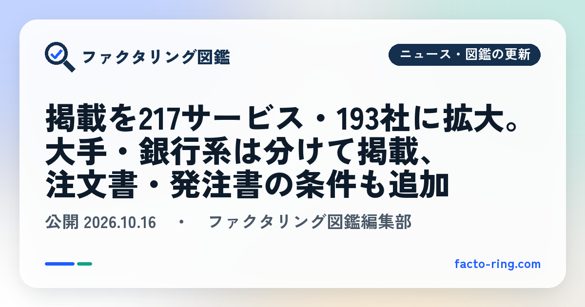 掲載を217サービス・193社に拡大。大手・銀行系は分けて掲載、注文書・発注書の条件も追加